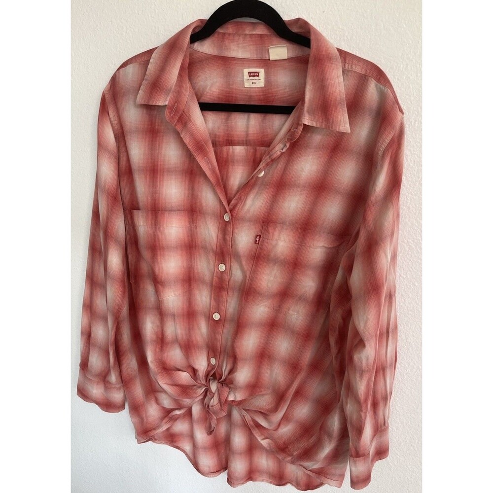 Levi’s Red Cream Plaid Button Up Long Sleeve Shirt Womens XXL Tie Front Coquette
